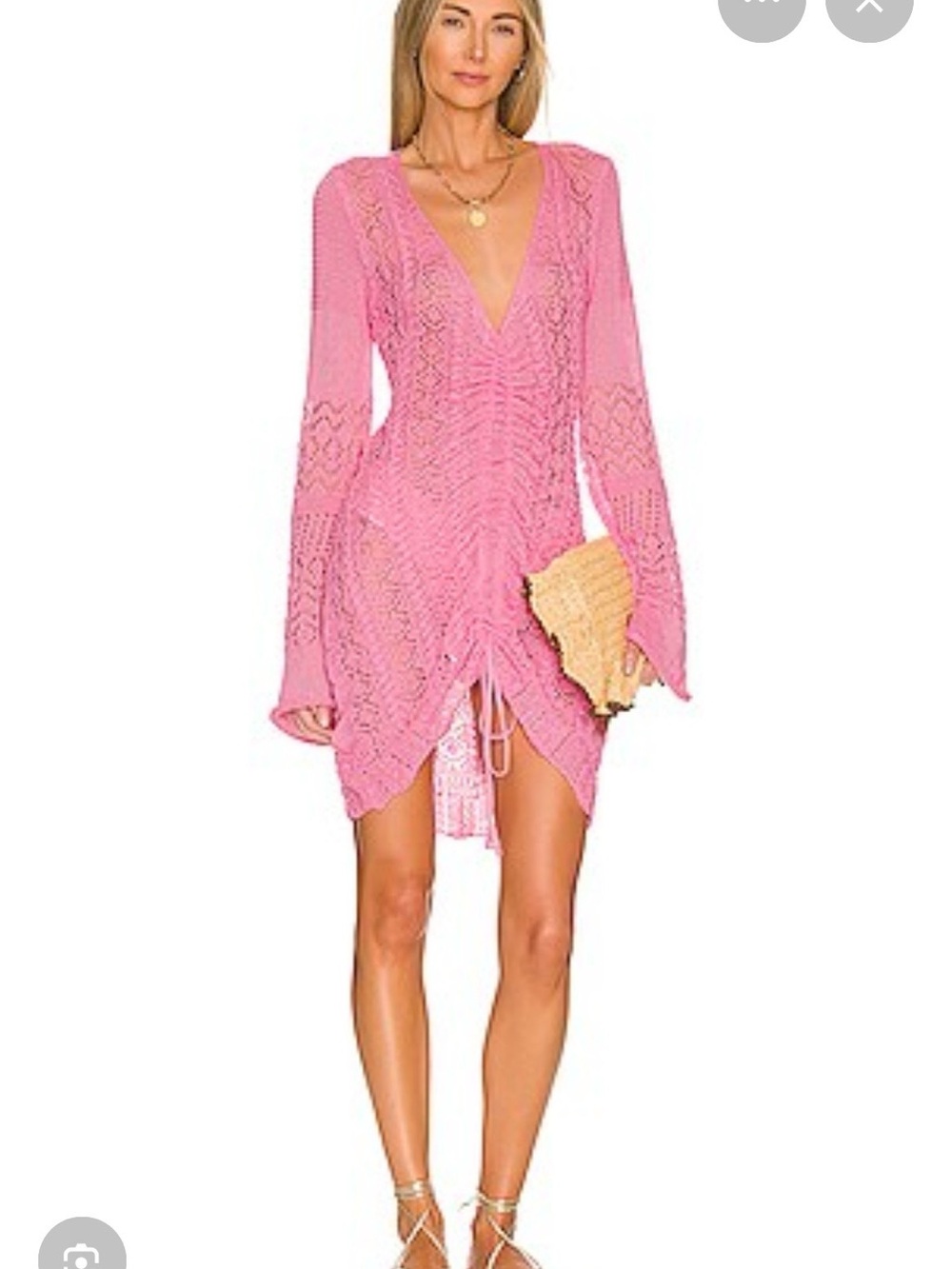 Sheer Pink Crochet V-Neck Swim Cover-Up Dress